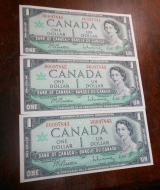 1967 Canada/canadian Set Of 3 Consecutive 1 Dollar Bank Notes