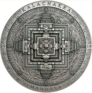 2019 3 Oz Silver Mongolia 2,  000 Togrog Kalachakra Mandala Symbolism Coin.
