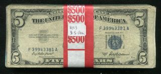 (100) 1953 $5 Five Dollars Blue Seal Silver Certificates Vg - Vf Problem (b)