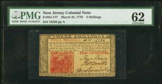 Colonial Currency Jersey March 25,  1776 3s Pmg Uncirculated 62