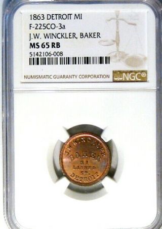 1863 Detroit Michigan Civil War Token J W Winckler Baker R7 NGC MS65 RB 3