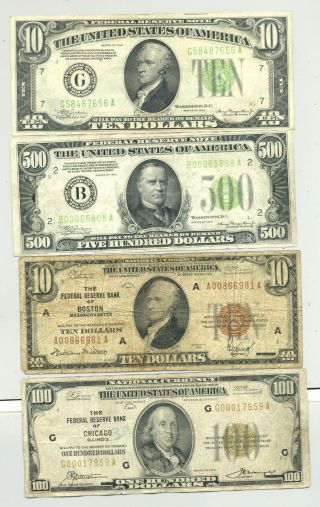 $620 Fv In $10 And $100 1929 Frbns,  A 1934 Frn $10 And A $500 Bill In