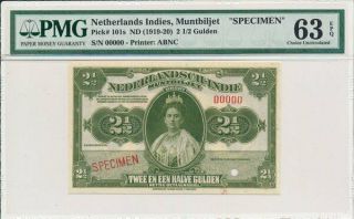 Muntbiljet Netherlands Indies 2 1/2 Gulden Nd (1919 - 20) Specimen.  Pmg 63epq