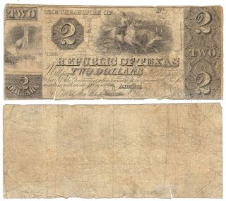 Texas,  Republic of,  Austin,  Cr.  - A02 Red Back Change Note $2 A,  (faded Dt) VG, 3