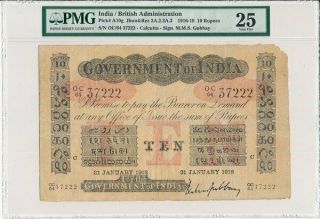 Government Of India India 10 Rupees 1918 Large Note Pmg 25