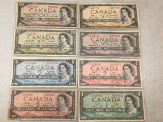 1954 Canada Dollars Bills 100 50 20 10 5 2 1 Hundred Bill