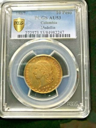 1867 Medellin Colombia 10 Peso Gold Coin Oro Moneda.  4667 Oz Pcgs Au53 Rare