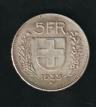 Switzerland 5 Francs 1933 B,  Silver.