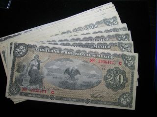 1914 Mexico Provisional Veracruz 20 Peso Banknote About Unc X3