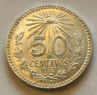 1943 50 Centavos Mexico Silver Coin 3