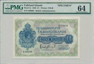 Government Of Falkland Islands 1 Pound 1938 Specimen.  Rare Pmg 64