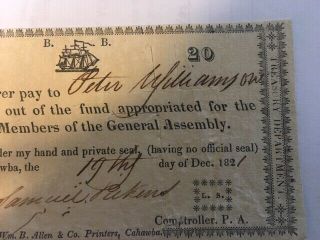 Alabama 1821 $20 note issued at Cahawba to Peter Williamson 2