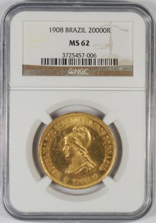 1908 Brazil 20000 Reis Gold Coin Ngc Ms62