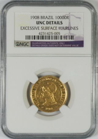 1908 Brazil 10000 Reis Gold Coin Ngc Unc Details