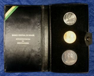 1972 Brazil 3 Coin Silver & Gold Set - 150 Year Independence Anniversary