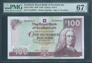 Scotland Royal Bank Of Scotland £100 P350d 17/6/2000 Pmg 67 Epq Low No.  17