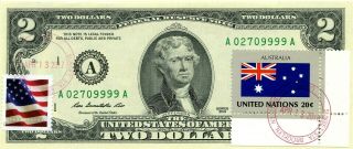 $2 Dollars 2013 Stamp Cancel Flag Of Un From Australia Lucky Money Value $99.  95