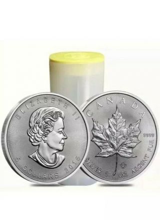 2015 Roll Of 25 - 2015 1 Oz Canadian Silver Maple Leaf.  9999 Fine $5 Coin