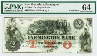 1860s Farmington,  Hampshire $2 Dollar Obsolete Bank Note Pmg Choice Unc 64