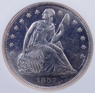 1859 O " No Motto " Seated Dollar Ngc Ms 61 Flashy Blast White And Fully Struck
