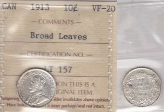 1913 Iccs Vf20 10 Cents Broad Leaves Canada Ten Dime Silver