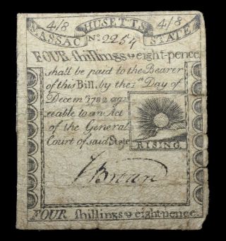 Massachusetts December 1,  1779 4 Shillings 8 Pence,  Serial 2254.  Ma - 274