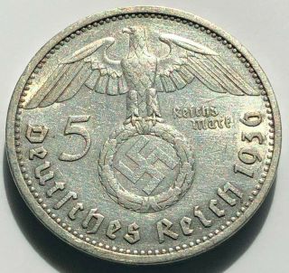 German Paul Von Hindenburg 5rm.  900 Silver 1936 A Big Swastika