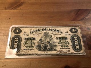 1872 Bank Of Acadia $4 Chartered Banknote Canada