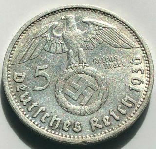 German Paul Von Hindenburg 5rm.  900 Silver 1936 D Big Swastika