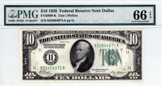 $10 1928 Federal Reserve Note Dallas Fr 2000 - K (ka Block) Pmg 66 Epq