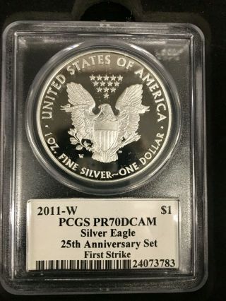 2011 Silver Eagle 25th Anniversary 5 - Coin Set - J.  Mercanti PCGS 70 1st Strike 3