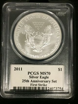 2011 Silver Eagle 25th Anniversary 5 - Coin Set - J.  Mercanti PCGS 70 1st Strike 7