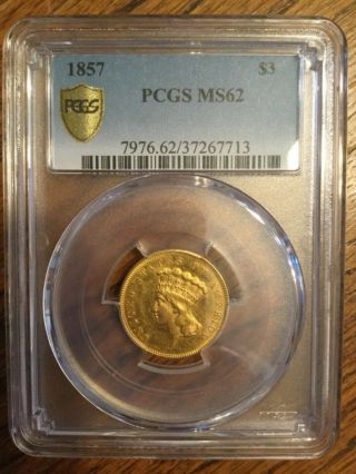 1857 $3 Usa Gold Coin Pcgs Ms - 62 Under 21k Mintage