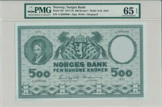 Norges Bank Norway 500 Kroner 1971 Prefix A Pmg 65epq
