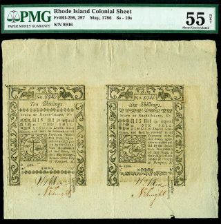May,  1786 Rhode Island 6 & 10 Shillings Uncut Colonial Sheet Pmg Au 55 Net
