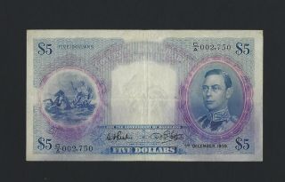 1939 Barbados $5 Dollars,  P - 4.  First Prefix,  Low Serial Number 2,  750,  Vf Grade