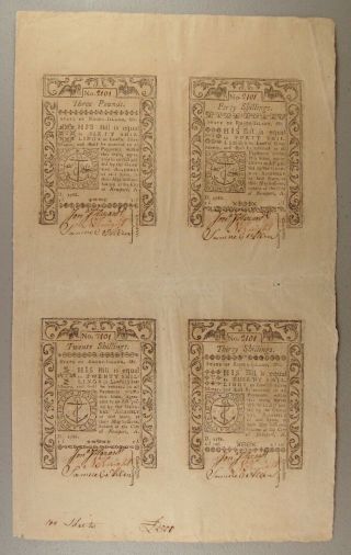 1786 Rhode Island Colonial Currency Uncut Sheet Of 4 Notes Xf