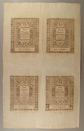 1786 Rhode Island Colonial Currency Uncut Sheet of 4 Notes XF 2