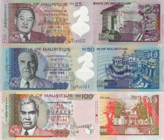 Mauritius 3 Note Set: 25 To 100 Rupees (2012/13) - P64,  P65,  P56d