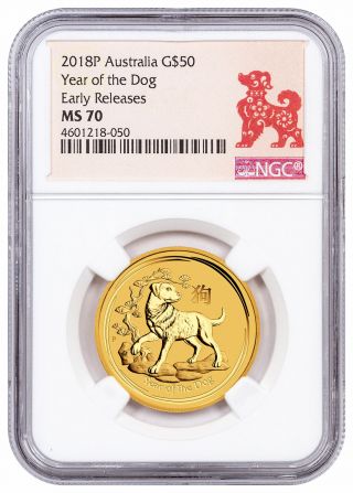 Year Of Dog 1/2 Oz Gold Lunar Coin (s2) $50 2018p Australia Ngc Ms70 Er Sku50089