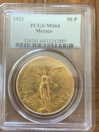 1921 50 Peso Mexico Gold Pcgs Ms64 / Best Date & Great Color & Luster