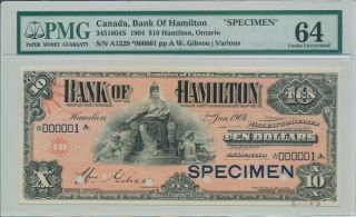 Bank Of Hamilton Canada $10 1904 Specimen Pmg 64