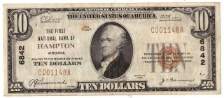 1929 First National Bank Of Hampton Currency $10 Ten Dollar Bill F - 1801 R38