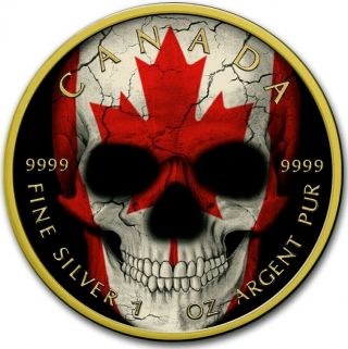 2019 1 Oz Silver $5 Canadian Flag Skull Maple Leaf Coin With 24k Gold Gilded.