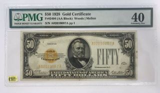 $50 1928 Gold Certificate Pmg 40 Extremely Fine Woods / Mellon (aa Block)
