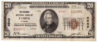 1929 Exchange National Bank Of Tampa Florida $20 Twenty Dollar Note F - 1802 - 2 R51