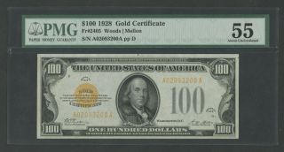 Fr2405 $100 1928 Gold Note Pmg 55 Choice Au Wlm9070