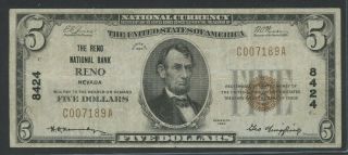 Fr1800 - 1 Ch 8424 $5 1929 National Bank Of Reno,  Nv (choice - Vf) Hw5163