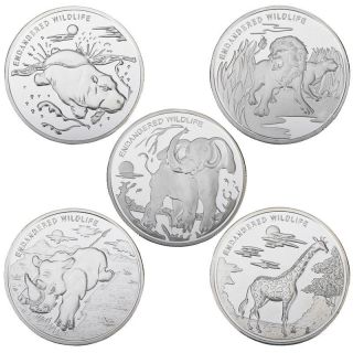 Wr Congo 2017 10 Francs Elephant Giraffe Rhinoceros Hippo Lion Silver Coin Set 5