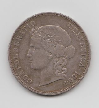 Switzerland,  5 Francs 1894 B,  Silver 0.  900,  Vf,  Km 34
